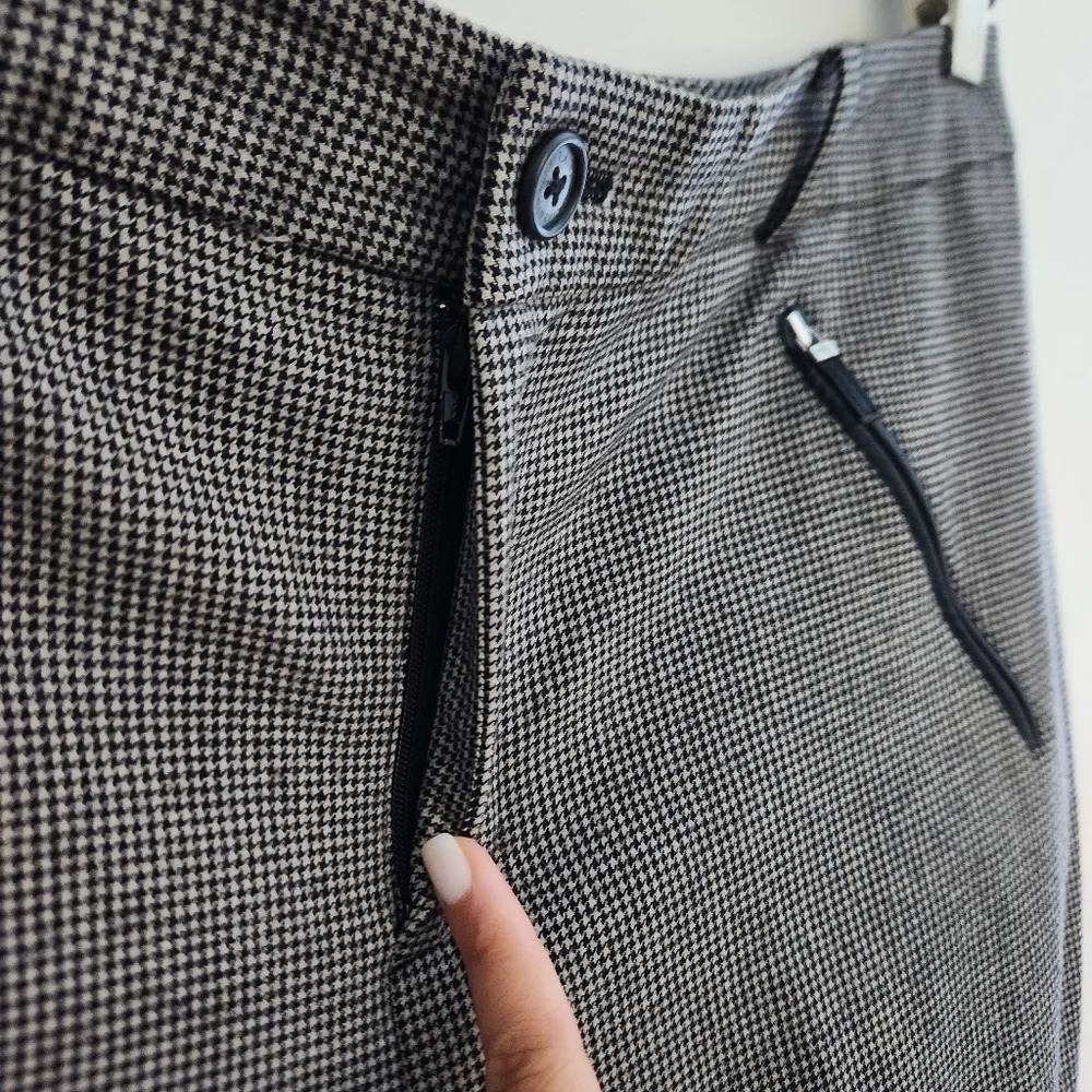 Lauren Ralph Lauren | Houndstooth Straight Leg Wool Leather Pants - Size 12 - Picture 10 of 14